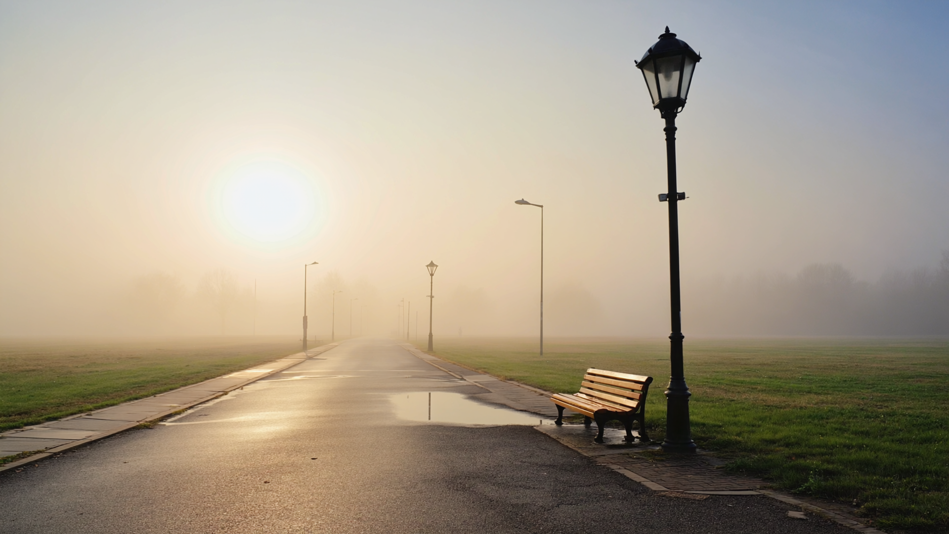 Eine leere Holzbank an einer Vorortstraße im morgendlichen Dunst